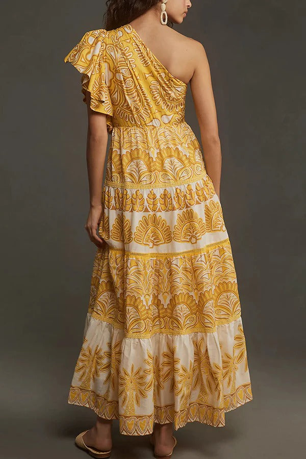 Robe longue asymétrique à volants et imprimé unique Exquisite Dream