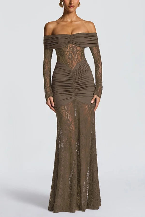 Solid Color Patchwork Lace Off-shoulder Long-sleeved Pleated Slim-fit Maxi Dress