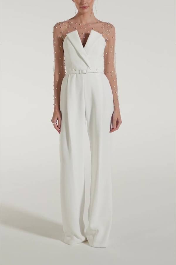 Trägerloser Jumpsuit mit V-Ausschnitt und weitem Bein und Taschen