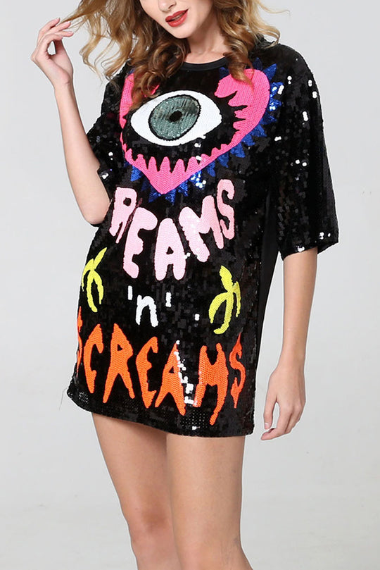 Lockeres T-Shirt mit Pailletten und Love Eyes Letters, Rundhalsausschnitt, kurzen Ärmeln und mittlerer Länge