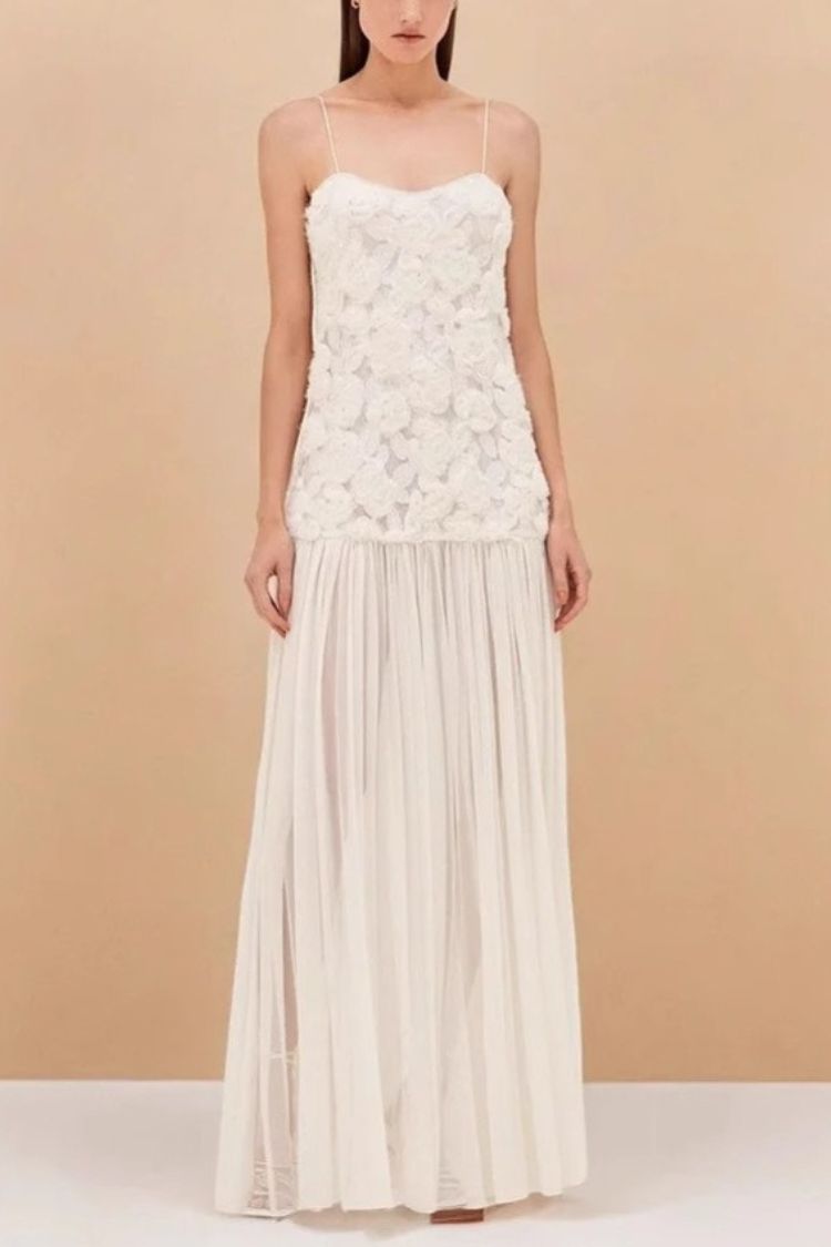 Offrez-vous une robe longue à ourlet plissé en mousseline de soie avec appliques florales