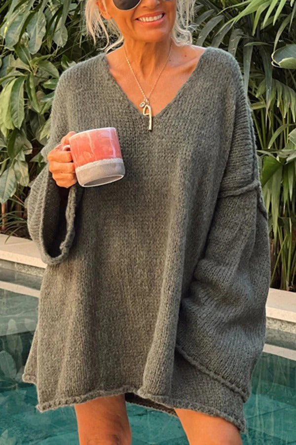 Pull tricoté à manches longues et col en V patchwork tendance