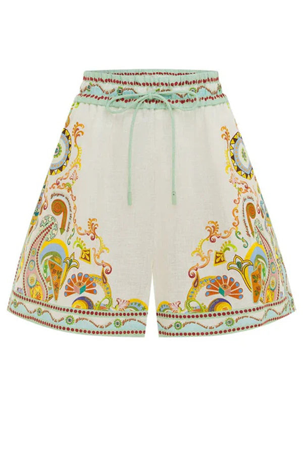 Antibes – Einzigartiges, bedrucktes, lockeres Button-Down-Hemd und Shorts mit elastischer Taille und Tasche