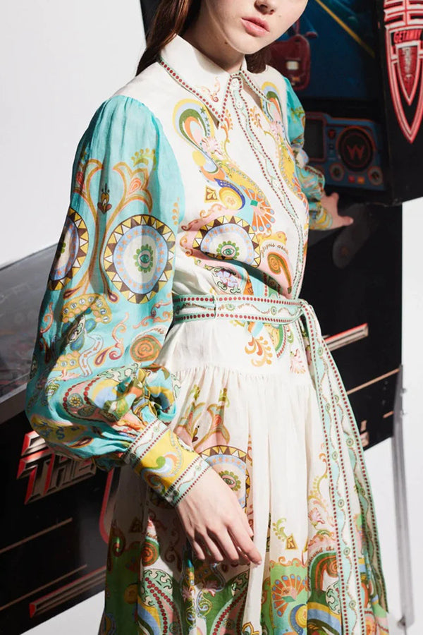 Midikleid mit einzigartigem Print, Ballonärmeln und Gürtel