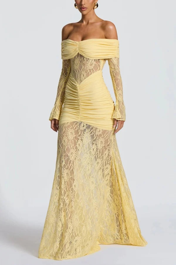 Solid Color Patchwork Lace Off-shoulder Long-sleeved Pleated Slim-fit Maxi Dress