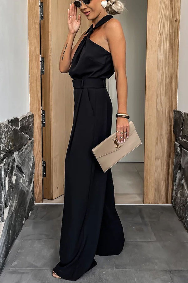 Modischer Jumpsuit mit Neckholder-Hemdkragen, Taschen und weitem Bein im einzigartigen Look