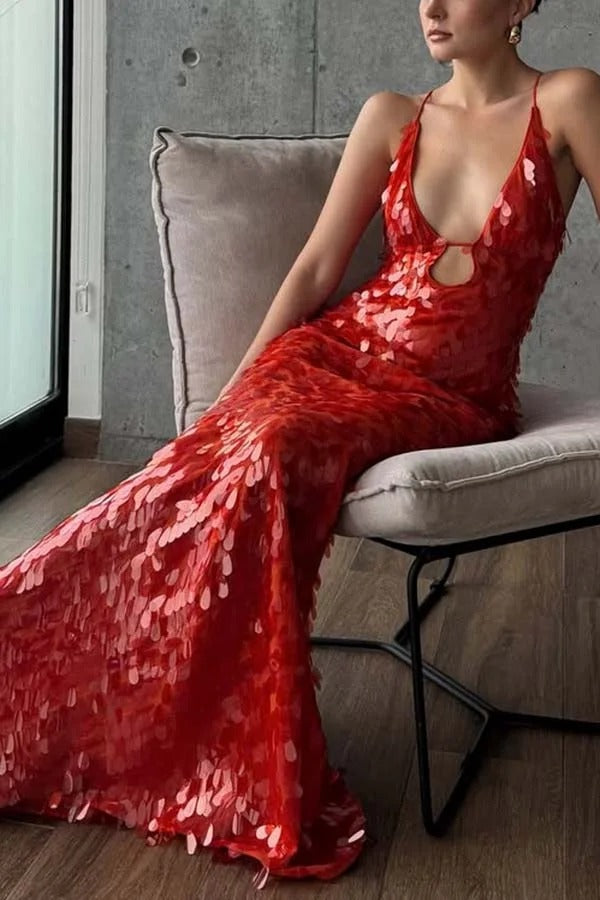 Reshape Beauty Fish Scale Sequin Cutout U-neck Slip Maxi Dress