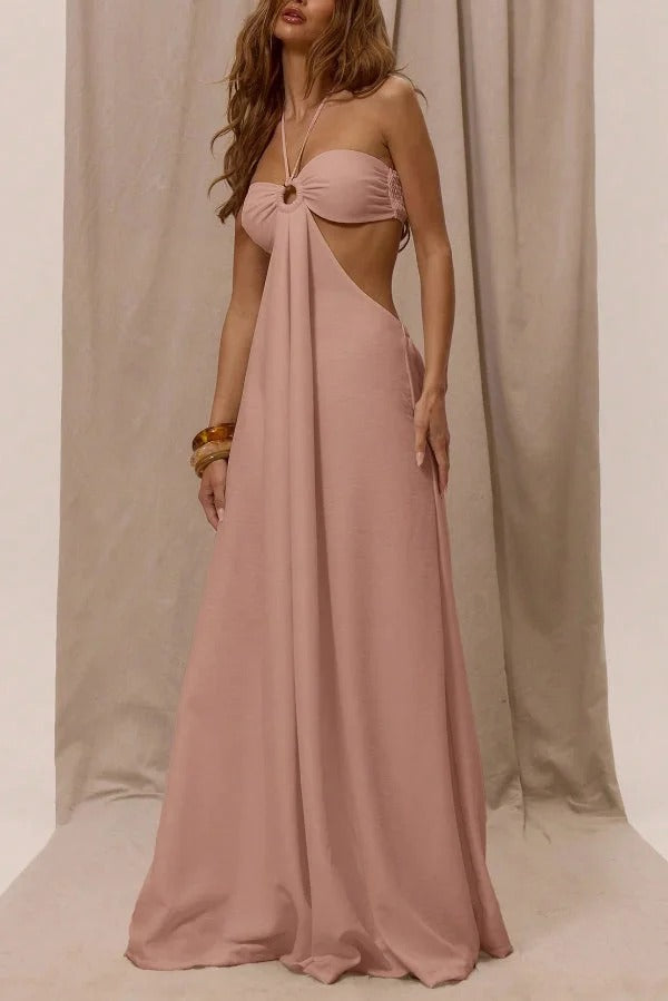 Solid Color Halter Neck Cutout Casual Loose Wide-leg Jumpsuit