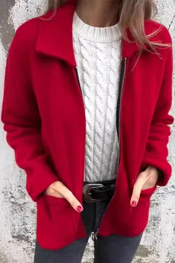 Veste décontractée à revers et poche zippée de couleur unie