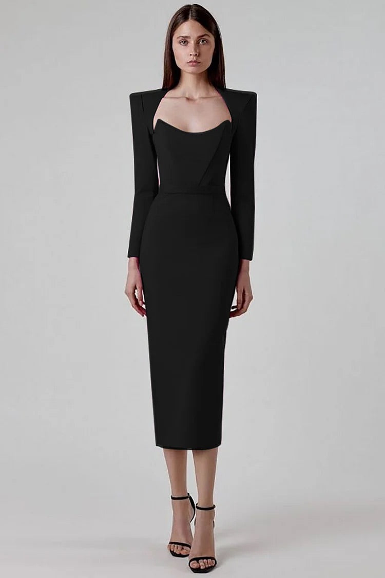 Robe mi-longue moulante blanche unie à col irrégulier et manches longues