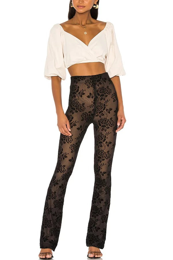 Romantisches Detail Blumenmuster Mesh Elastische Taille Stretch Schlaghose