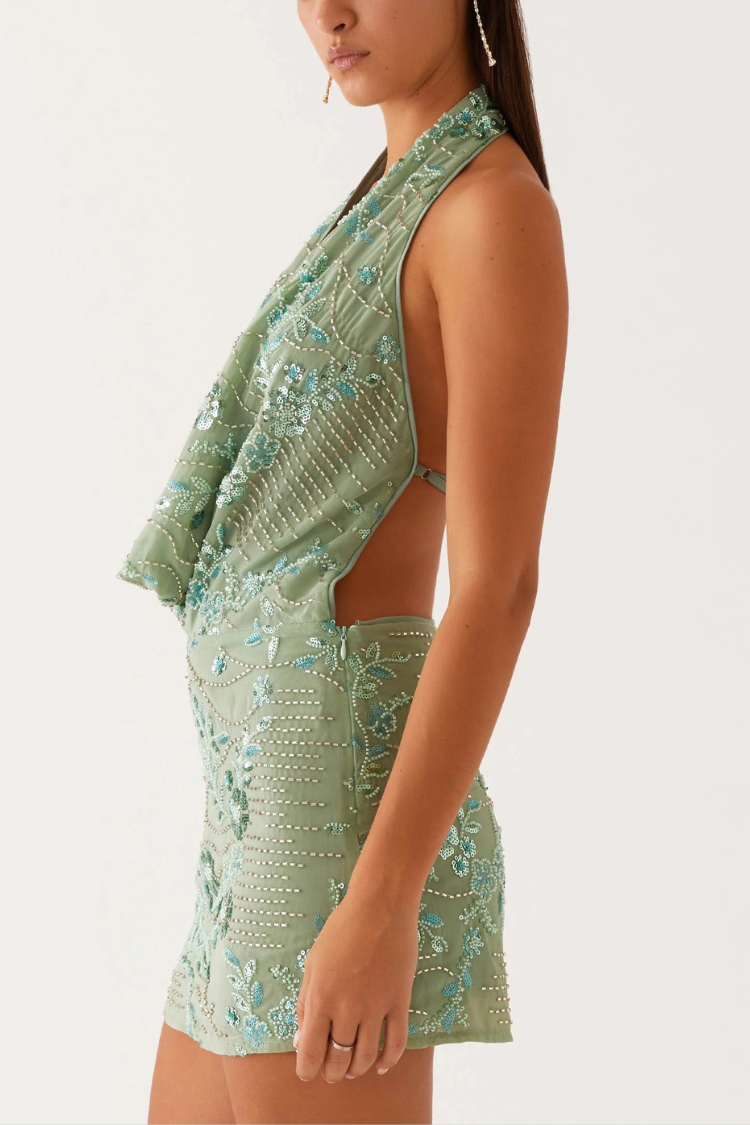 Sieht fantastisch aus Pailletten Perlen Material Wasserfallausschnitt rückenfreies Minikleid