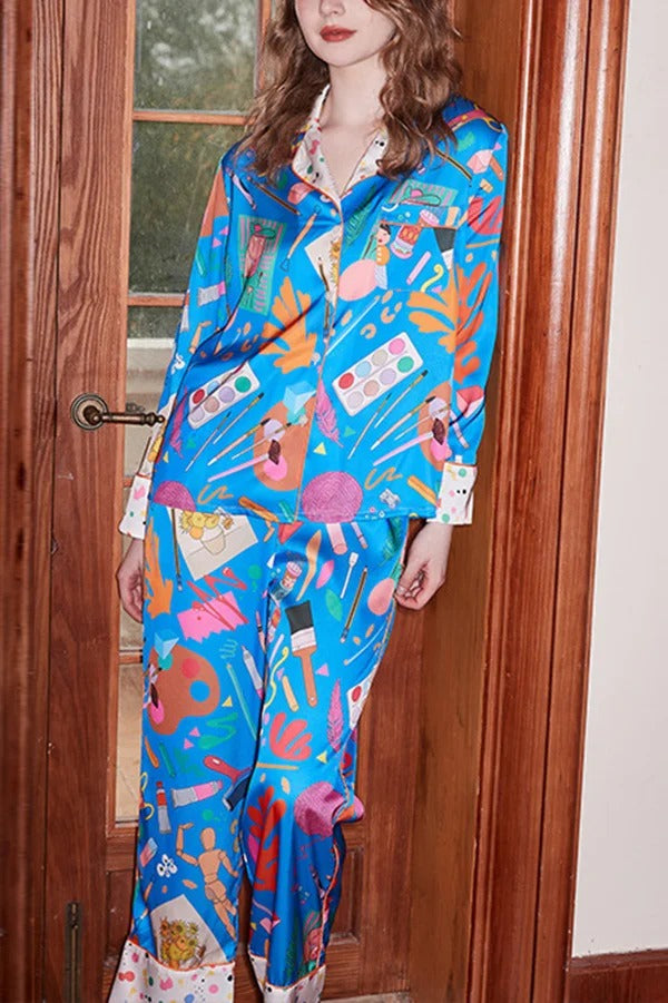 Blaues, langärmliges, zweiteiliges Set mit Briefpapier-Print