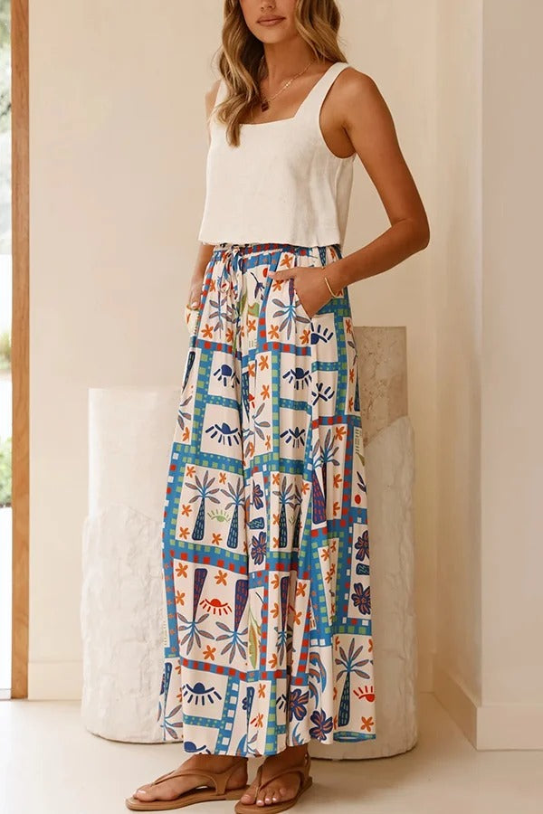 Unique Print Lapel Short Sleeve Loose Shirt and Elastic Waist Casual Pocket Wide Leg Pants Set