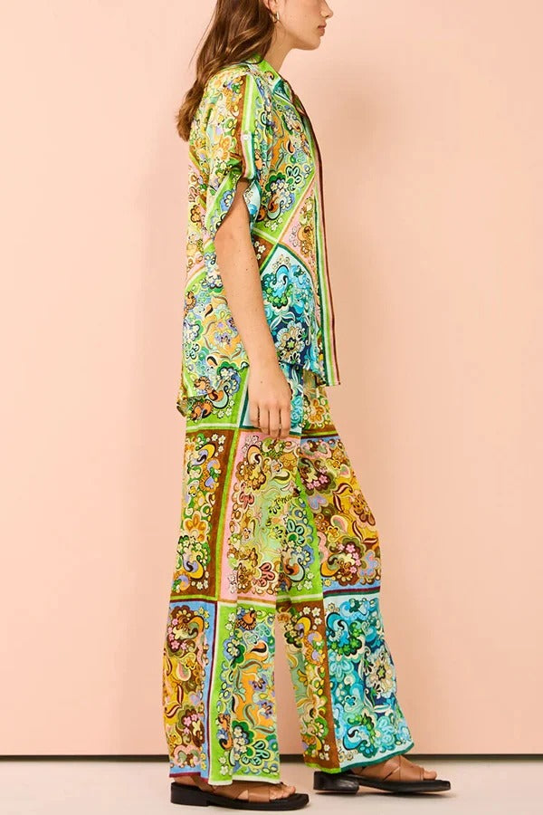 Joselyn Paisley Colorblock Einzigartiger Druck Elastischer Bund Taschen Hosenset