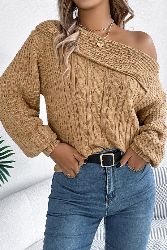 Einfarbiger, lässiger Strickpullover mit einer Schulter und langen Ärmeln