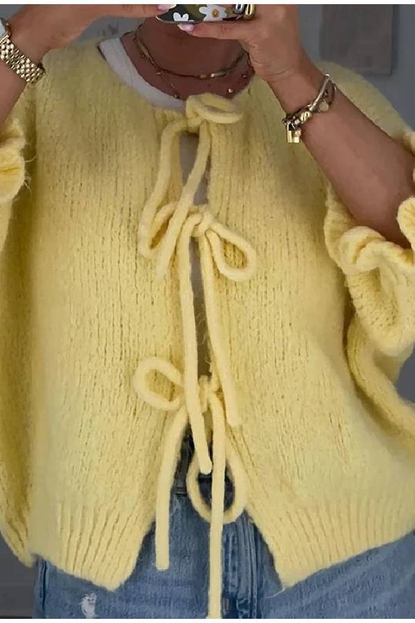 Pull cardigan à col rond et manches évasées avec nœud à lacets