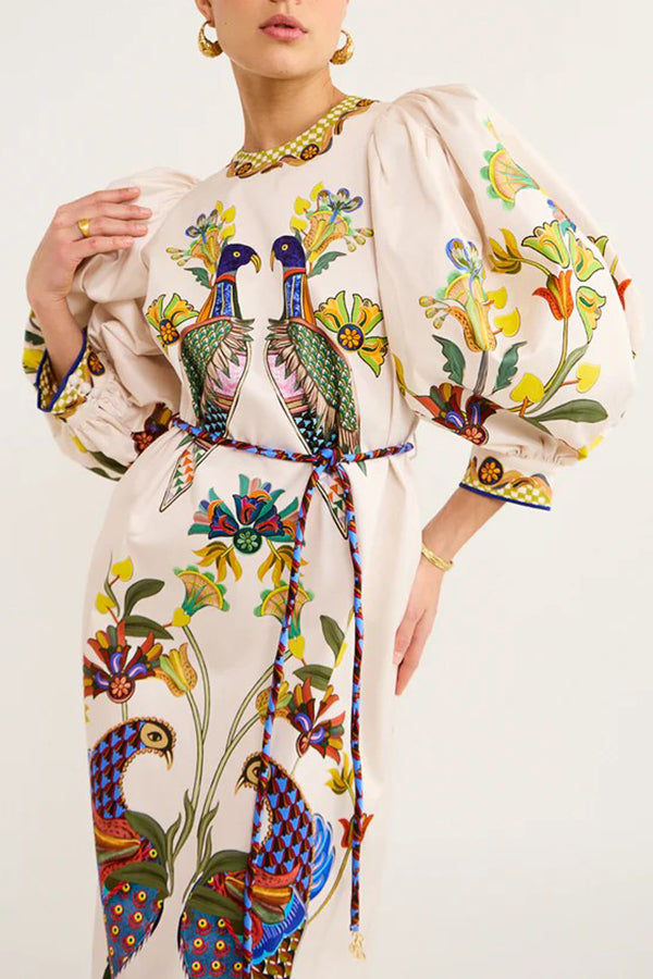Garden Party Unique – Lockeres Midikleid mit Puffärmeln und Vogelprint im Heaven-Stil