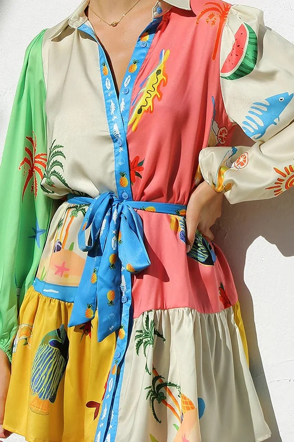 Sommerliches, einzigartiges, bedrucktes Minikleid mit Hemdkragen und Laternenärmeln und Taillenschnürung