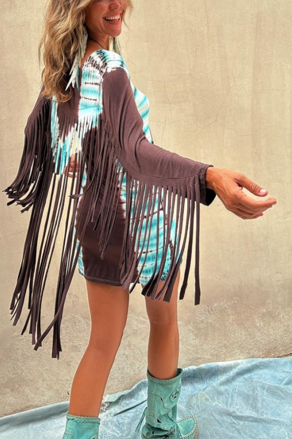 Koni Stretch-Minikleid mit Batikmuster, langen Fransenärmeln und Rundhalsausschnitt