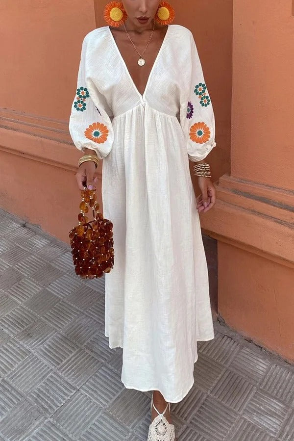 Rückenfreies Maxikleid mit Blumendruck, V-Ausschnitt und Laternenärmeln