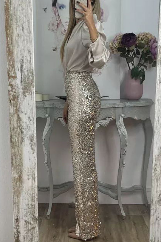 Glitzernde Glamour-Paillettenhose mit hohem Bund und weitem Bein