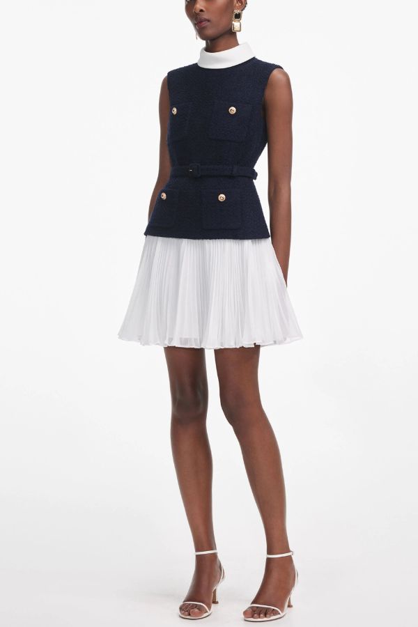 Sporty Elegance Tweed Metal Button Belted Pleated Hem Mini Dress