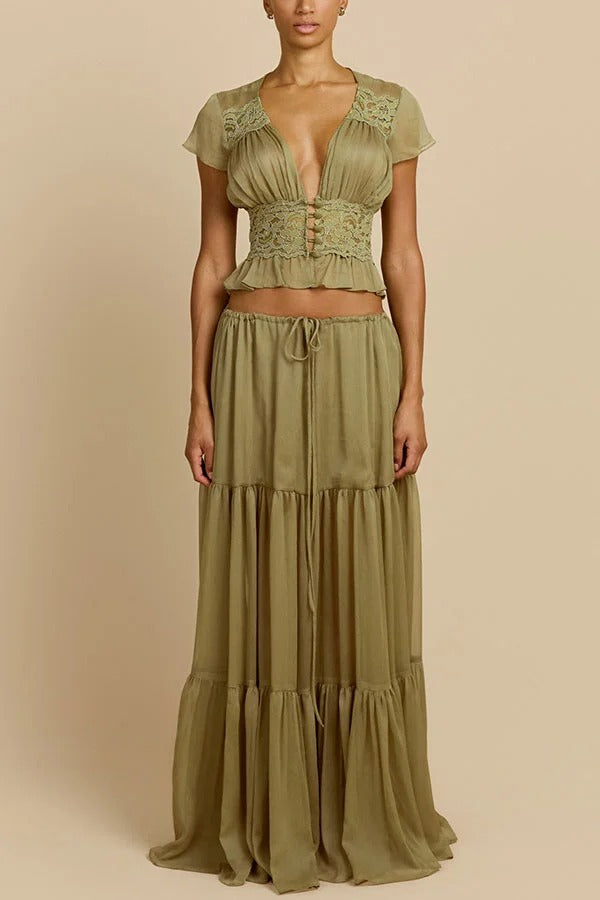 Sabrina Chiffon Mid Rise Adjustable Waist Tiered Silhouette Maxi Skirt