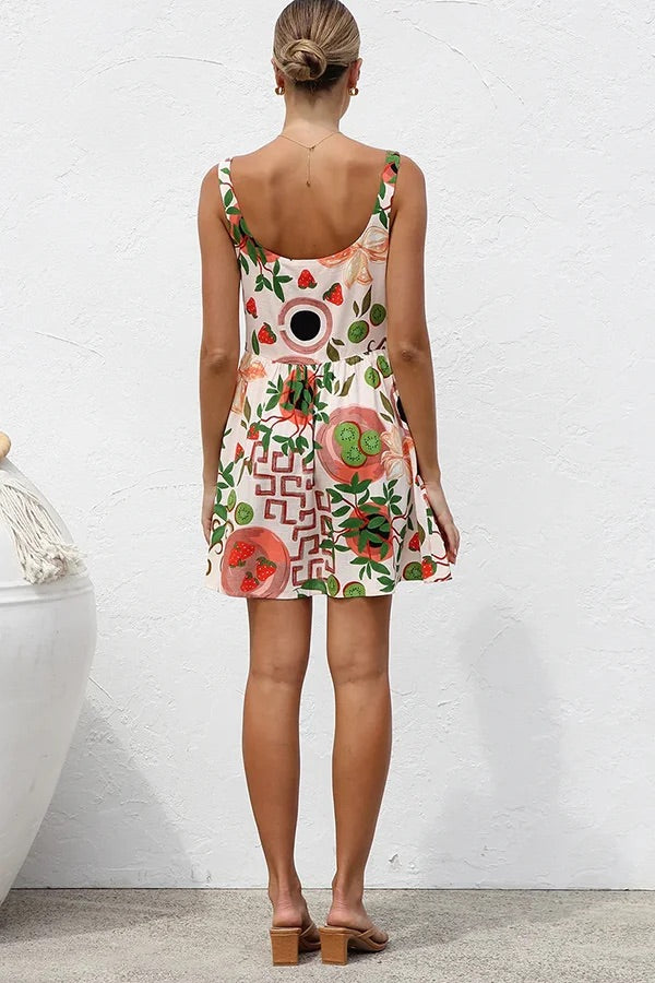 Mini-robe boutonnée sans manches à imprimé botanique