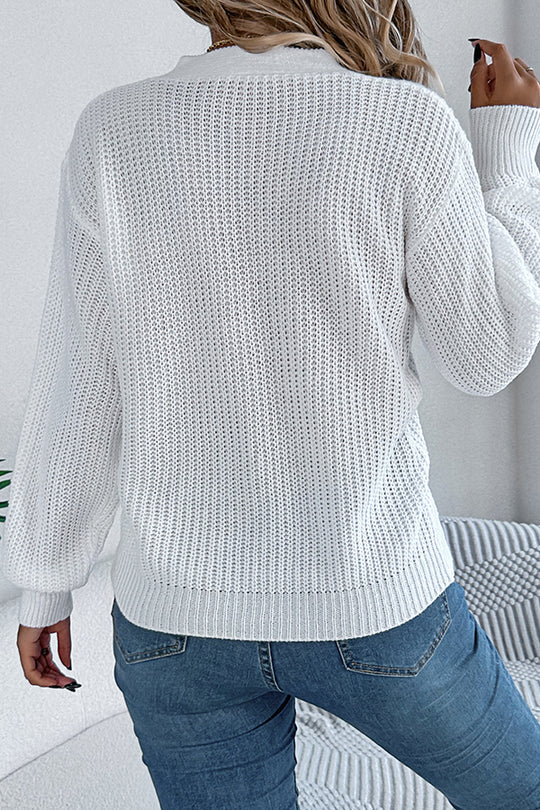 Lässiger, hohler Langarm-Strickpullover mit V-Ausschnitt
