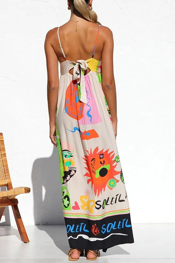 Rosalinda – Leichtes Maxikleid mit einzigartigem Print und Bindeband auf der Rückseite