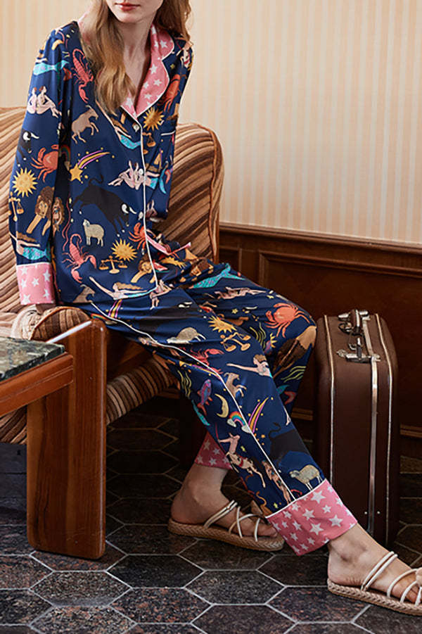 Zweiteiliges Set mit langen Ärmeln und Sternbild-Print in Blau