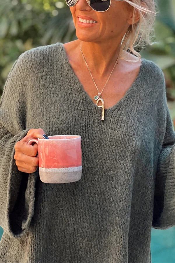 Pull tricoté à manches longues et col en V patchwork tendance