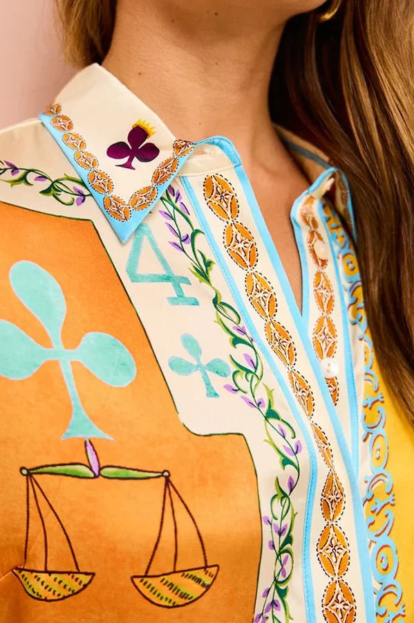 Lustige Poker Sommer Satin Einzigartiger Druck Button Down Oversize Bluse