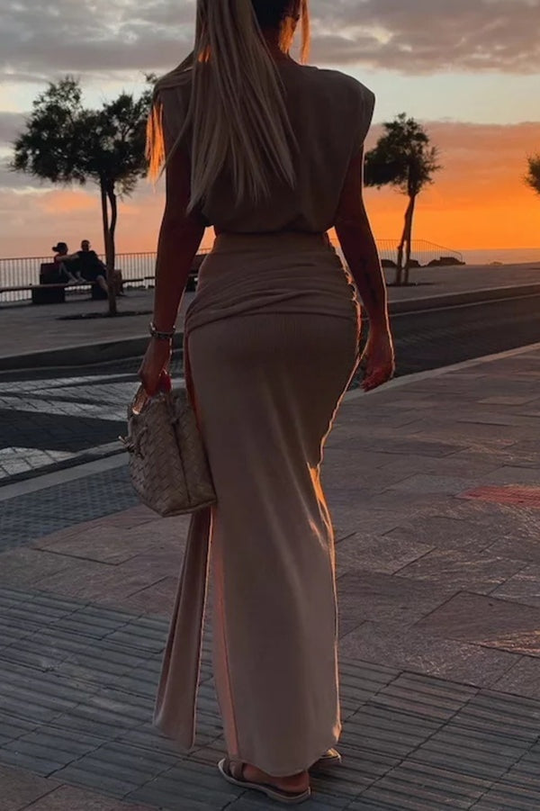 Ensemble confortable et élégant, haut décontracté sans manches à col rond et jupe mi-longue froncée à taille élastique