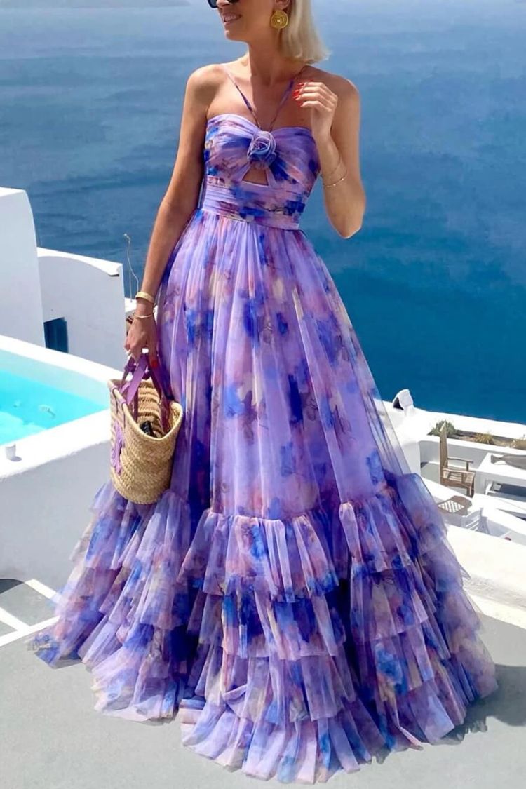 Dreamy Clouds Tulle Printed Rose Detail Cutout Ruffles Tiered Halter Maxi Dress