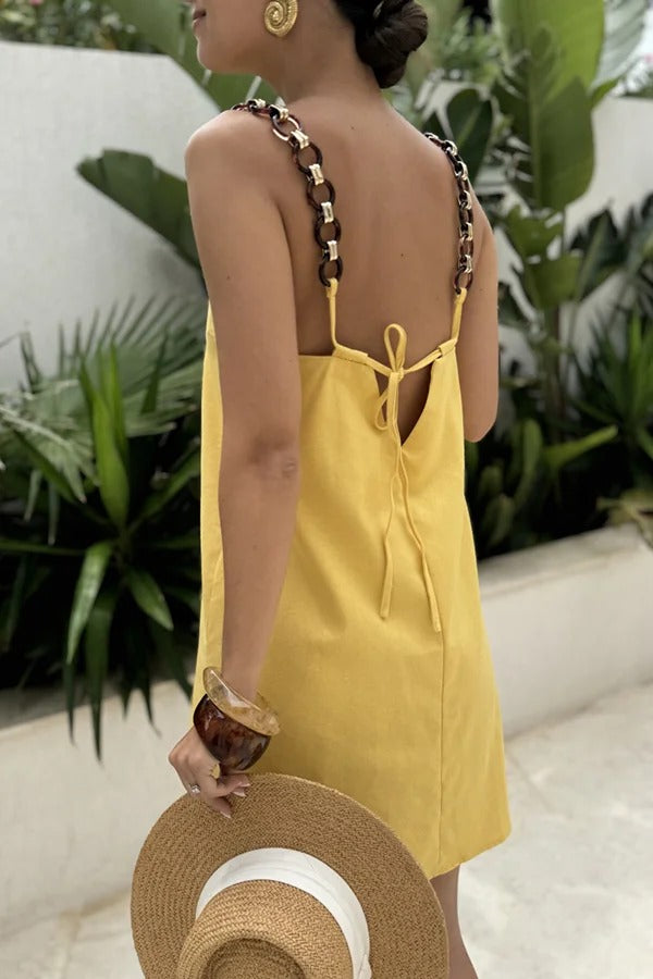 Travel Dreams Linen Blend Metal Ring Shoulder Strap H-line Mini Dress