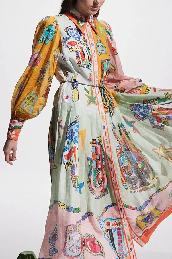 Set für den Urlaub – Einzigartiges Print-Farbblock-Midikleid mit Ballonärmeln und Gürtel