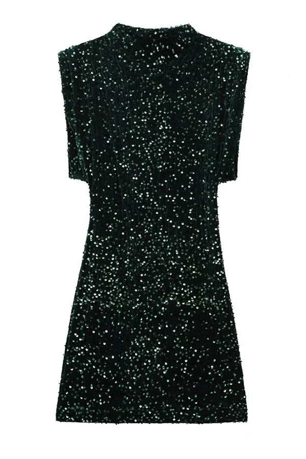Fashionable Sequined Round Neck Sleeveless Slim-fit Mini Dress