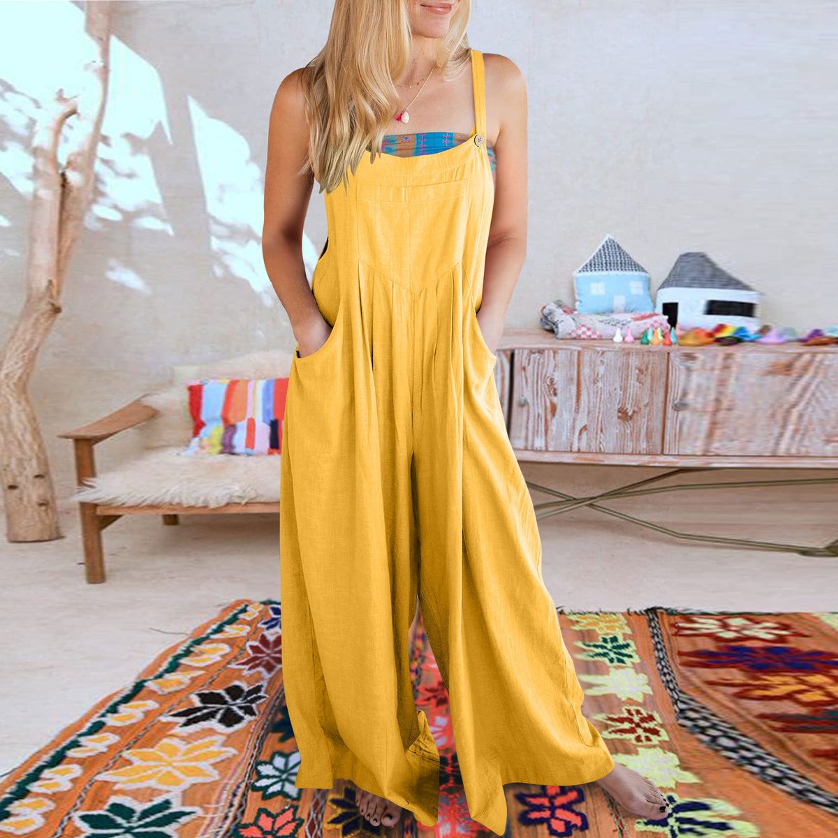 Einfarbiger, lockerer, lässiger Jumpsuit mit weitem Bein und eingesetzter Tasche