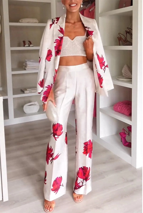 Blazer ample à manches longues et revers en satin à imprimé floral pour présence spéciale