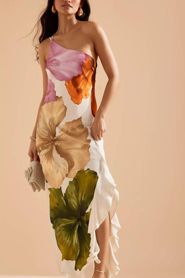 Maxi-Slip-Kleid mit Blumenmuster und einer Schulter sowie seitlichen Rüschen