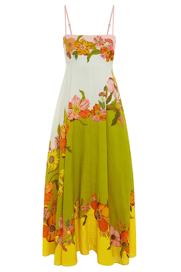 Robe longue Malakai en lin mélangé à imprimé floral contrasté et poches smockées dans le dos