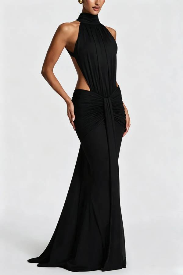 Thekla Stretch Slinky Jersey High Neck Ruched Backless Drape Maxi Dress