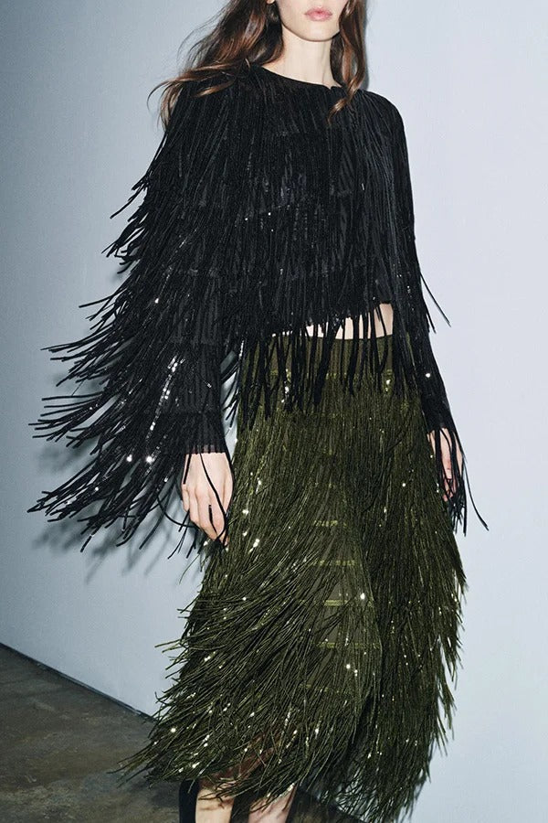 Party Crasher Layered Sequined Tassels Long Sleeve Loose Jacket