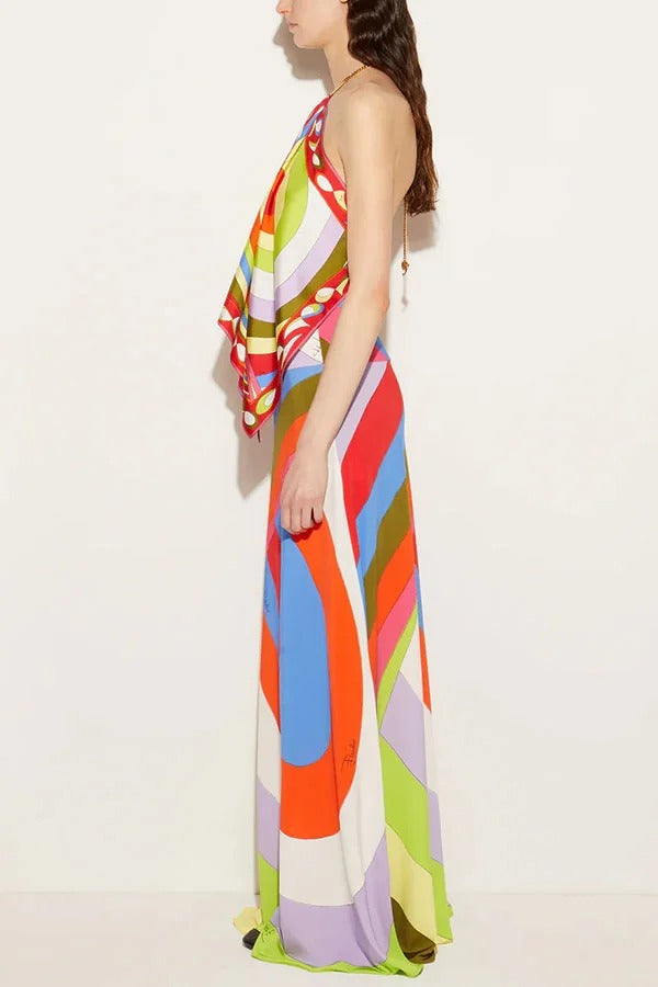 Artistic Girl Satin Unique Print Metal Chain Halter Draped Scarf Tank