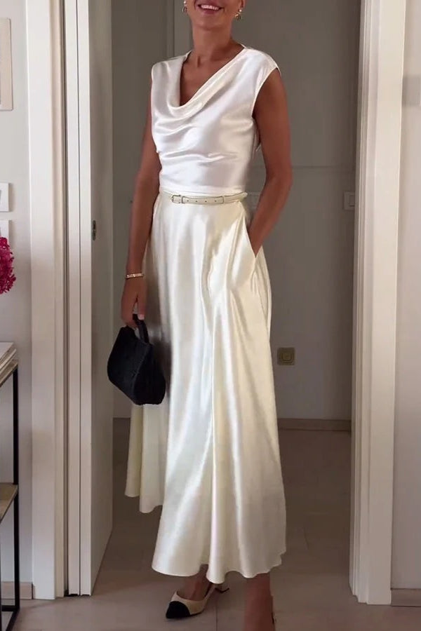 Lockeres Top aus Satin mit Wasserfallausschnitt und kurzen Ärmeln in Perlglanzoptik