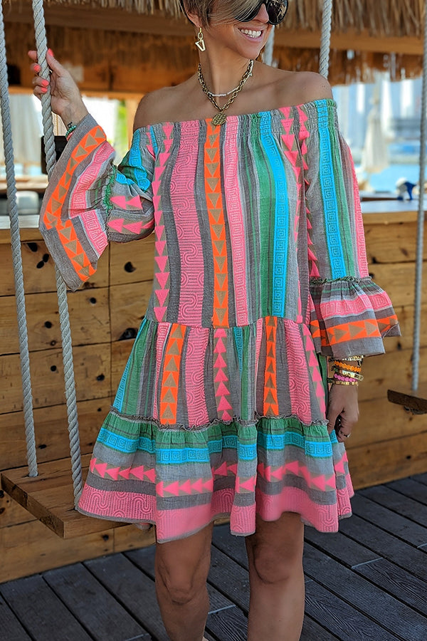 Friendly Shores – Schulterfreies, lockeres Minikleid aus Leinenmischung mit Ethno-Print