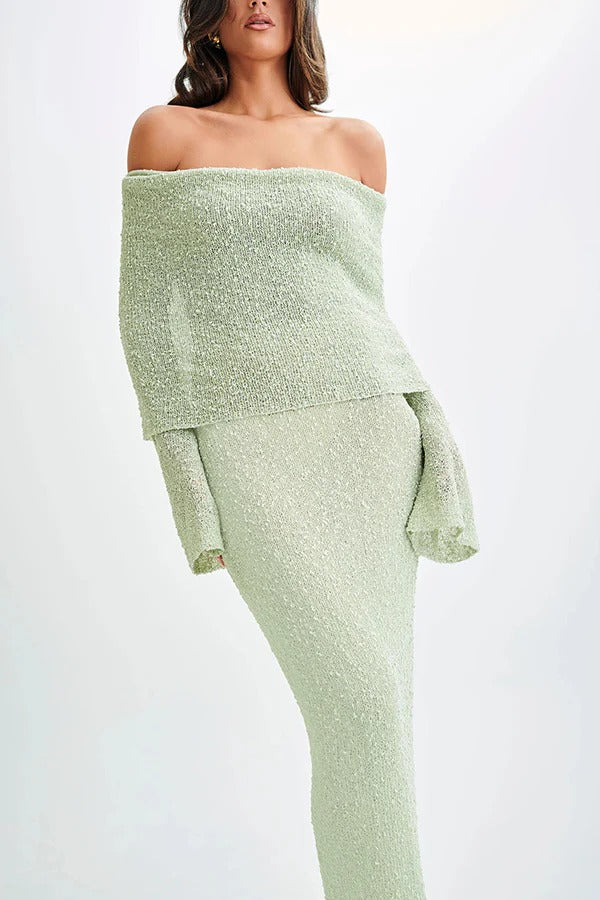 Marisol – Schulterfreies, drapiertes Maxikleid aus geripptem Bouclé-Material mit Stretchanteil für den Urlaub