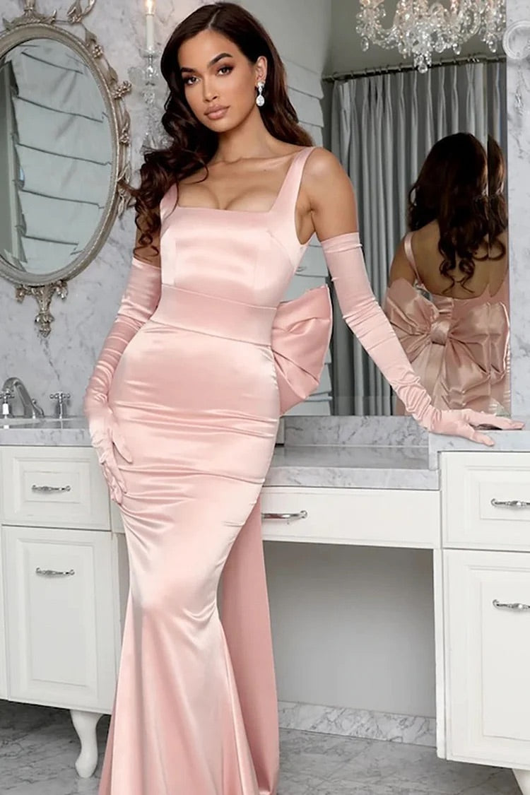 Robe de soirée moulante à ourlet sirène et nœud uni, robe longue blanche